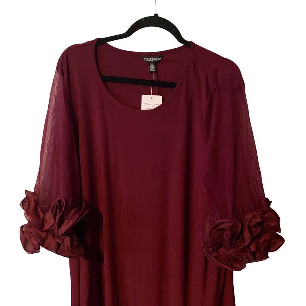 Nina Leonard Deep Wine Sheer Sleeve Floral Detail Tunic Dress Plus Size 1X‎ - Picture 2 of 10